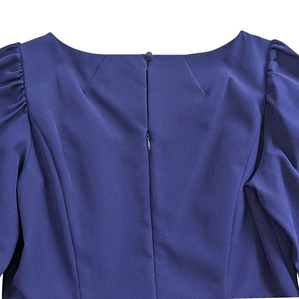 MILLY Clare Indigo Boatneck Puff Sleeve Princess Seam Sheath Mini Dress Size 12 - Picture 6 of 10